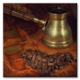 Coffee in a turk, grains and map - Obraz na płótnie