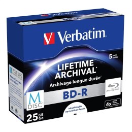 VERBATIM BD-R BLU-RAY 25GB 4X PRINTABLE M-DISC ARCHIVAL JEWEL CASE BOX*5 43823